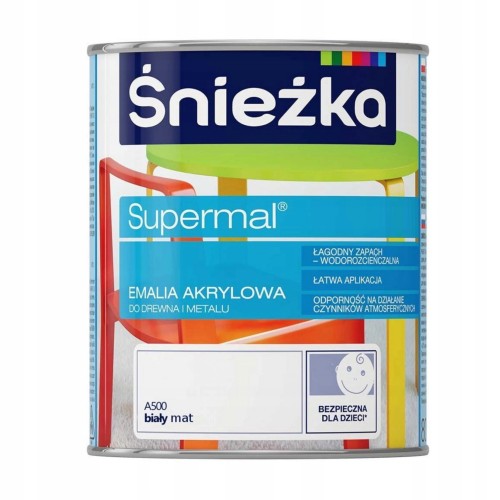 Farba Emalia akrylowa do drewna Śnieżka Supermal biała mat 0,8 l