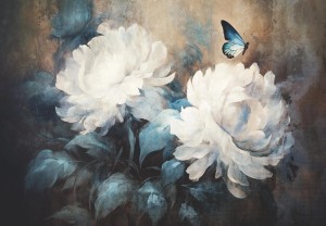 FOTOTAPETA jak malowny obraz pastele MOTYL kwiaty gałązki liście + klej