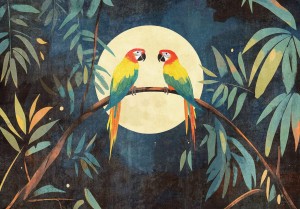 Fototapeta liście PAPUGI na tle księżyca flizelinowa + klej gratis