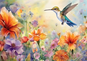 Fototapeta KWIATY łąka KOLIBER jak malowany obraz żywe kolory + klej gratis