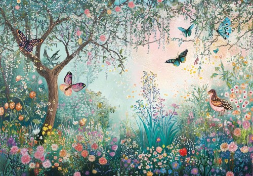 FOTOTAPETA liście kwiaty motylki ptaki na flizelinie fototapety na ścianę