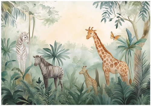 Fototapeta dżungla zwierzęta żyrafa zebra dla dzieci do pokoju