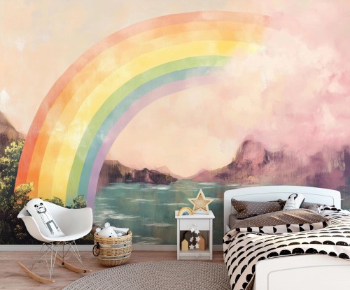 Fototapeta tęcza nad jeziorem pastelowa dekoracja do pokoju dziecka