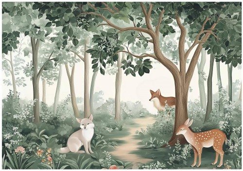 Fototapeta las z lisem i jelonkiem skandynawska do pokoju dziecka boho