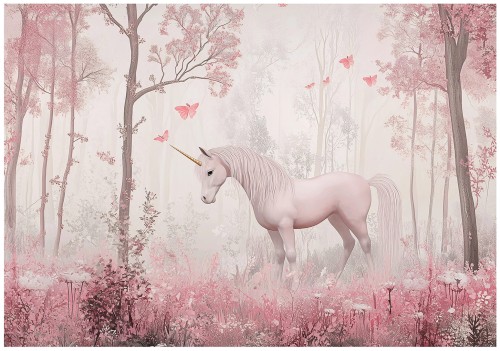 Fototapeta jednorożec różowy las bajkowa dekoracja ścienna dla dziewczynki