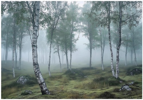 Fototapeta brzozy w porannej mgle subtelna przyroda idelana dekoracja