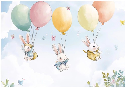 Fototapeta do pokoju dzieci Króliczki na balonach bajkowa niebo