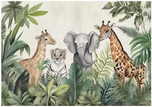 Fototapeta do pokoju dzieci Dżungla z żyrafą słoniem i tygrysem dziecięca