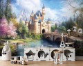 Fototapeta krajobraz z zamkiem i mostem fantasy bajkowe góry pokój dziecka