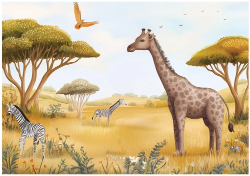 Fototapeta sawanna afrykańska żyrafa zebry roślinność pokój dziecięcy