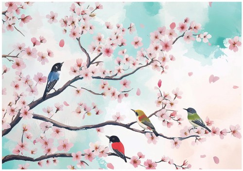 Fototapeta wiśnia kwiaty białe różowe ptaki na gałęziach