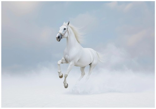 Fototapeta koń biały błękitny galop na tle nieba