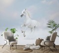 Fototapeta koń biały błękitny galop na tle nieba