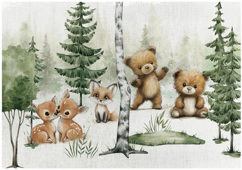 Fototapeta las zielony brązowy małe sarny lis i niedźwiadki dla dzieci