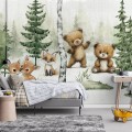 Fototapeta las zielony brązowy małe sarny lis i niedźwiadki dla dzieci