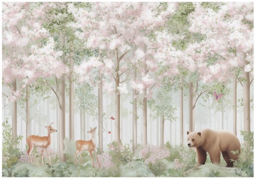 Fototapeta las różowy zielony z sarnami i niedźwiedziem dla dzieci