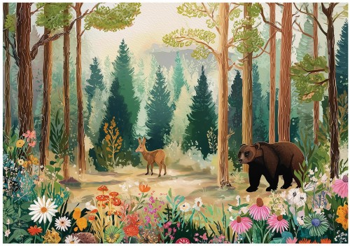 Fototapeta las zielony brązowy jeleń i niedźwiedź dla dzieci do pokoju