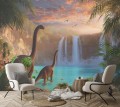 Fototapeta 3d wodospad niebieski brązowy prehistoryczne dinozaury