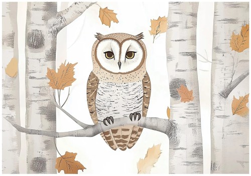 Fototapeta las szary brązowy sowa siedząca na gałęzi dla dzieci