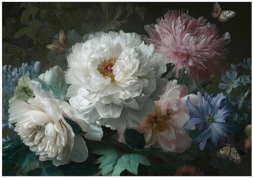 Fototapeta kwiaty białe różowe i niebieskie z motylami dekoracja kolorowa