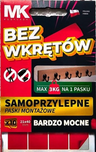 Samoprzylepne paski montażowe BARDZO MOCNE 10 sztuk 21x40 mm