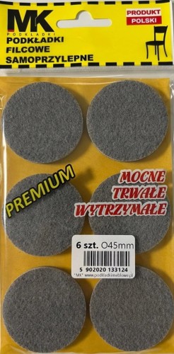 Podkładki filcowe samoprzylepne Premium 45mm 6 sztuk szare