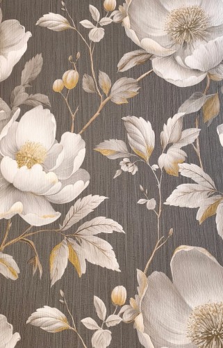 Tapeta na ścianę papierowa czarna duże kwiaty liście szarość złoto