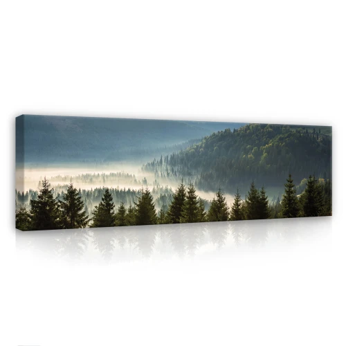 Obraz na płótnie obraz na ścianę zielony niebieski góry las mgła 145 x 45
