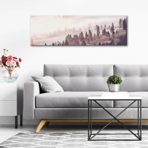 Obraz na płótnie obraz na ścianę beżowy szary góry las mgła 145 x 45