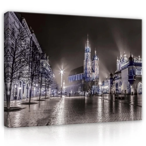 Obraz na płótnie obraz na ścianę czarny biały kraków rynek nocą