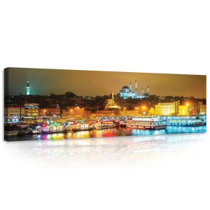 Obraz na płótnie obraz na ścianę miasto nocą złoty niebieski panorama