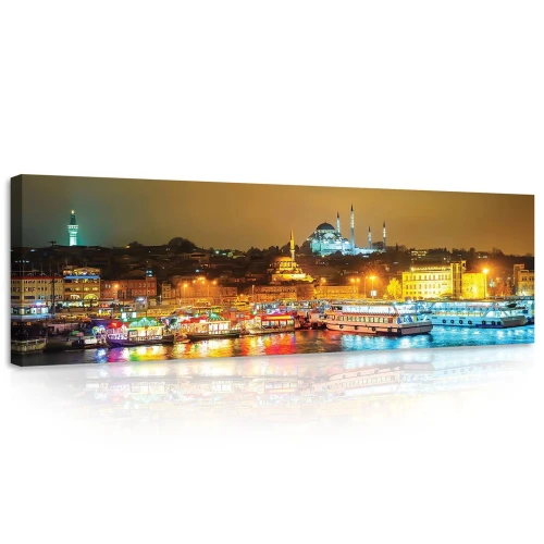 Obraz na płótnie obraz na ścianę miasto nocą złoty niebieski panorama