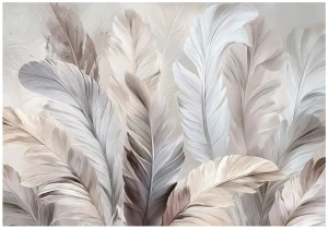 Fototapeta liście beżowo szare pióra subtelny NOWOCZESNY delikatny BOHO