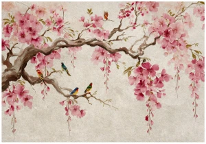 Fototapeta kwiaty różowe sakura ptaki orientalna dekoracja ściany