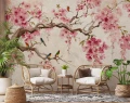 Fototapeta kwiaty różowe sakura ptaki orientalna dekoracja ściany