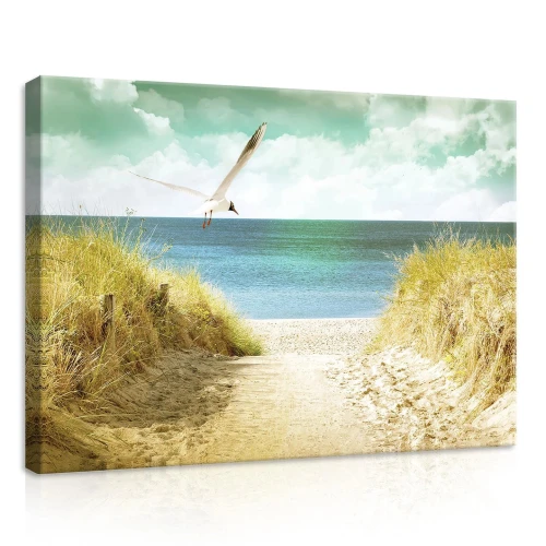 Obraz na płótnie obraz na ścianę plaża mewa beżowy turkusowy 70 x 50