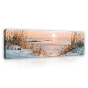 Obraz na płótnie obraz na ścianę plaża zachód słońca beżowy biały 145 x 45