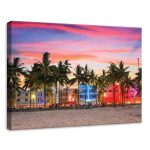 Obraz na płótnie obraz na ścianę Miami różowy niebieski plaża palmy