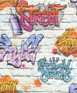 Tapeta na ścianę papierowa cegła grafiti młodzieżowa wielokolorowa
