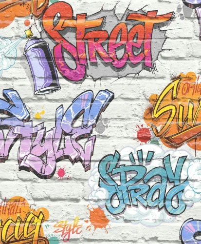 Tapeta na ścianę papierowa cegła grafiti młodzieżowa wielokolorowa