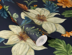 Tapeta na ścianę ciemna w kwiaty RETRO czarne tło na flizelinie