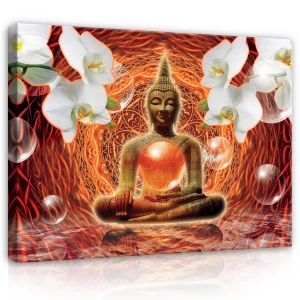 Obraz na płótnie obraz na ścianę budda storczyki czerwono złote 3d 100 x 75