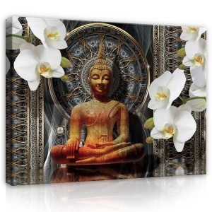 Obraz na płótnie obraz na ścianę budda storczyki czarno złote 3d 100 x 75