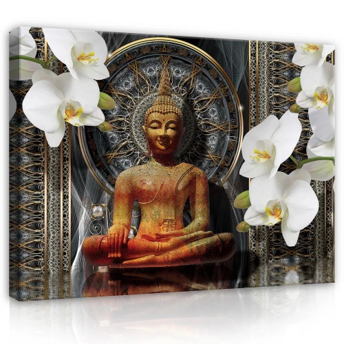 Obraz na płótnie obraz na ścianę budda storczyki czarno złote 3d 100 x 75