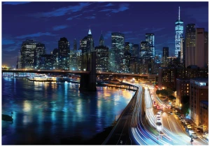 Fototapeta niebieska Nowy Jork most Brooklyn nocna panorama miasta