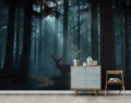 Fototapeta las i kwiaty niebieska mglisty las z jeleniem drzewa natura