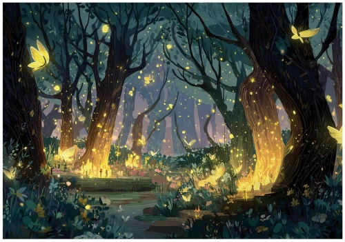 Fototapeta las granatowa świecące motyle magiczny nocny las bajkowy