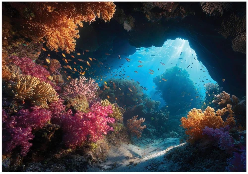 Fototapeta granatowa rafa koralowa podwodna jaskinia ocean ryby