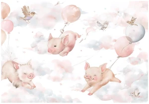 Fototapeta różowa latające świnki balony chmury ptaki dziecięca