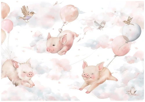 Fototapeta różowa latające świnki balony chmury ptaki dziecięca